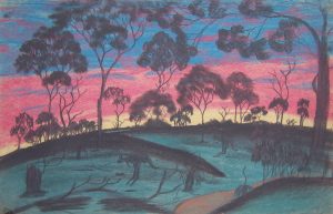 The Colours of the Setting Sun by Keith Indich, pastel and graphite on paper, 28.9 x 44.9cm, c.1949. The Herbert Mayer Collection of Carrolup Artwork, John Curtin Gallery, Curtin University.