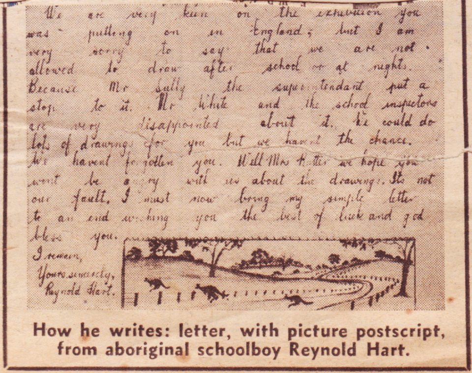 Part of a letter from Reynold Hart to Mrs Rutter which appeared in the Daily Graphic article ‘Can Your Child Draw Like This?’ in the UK on the 29th July 1950. Noel & Lily White Collection.