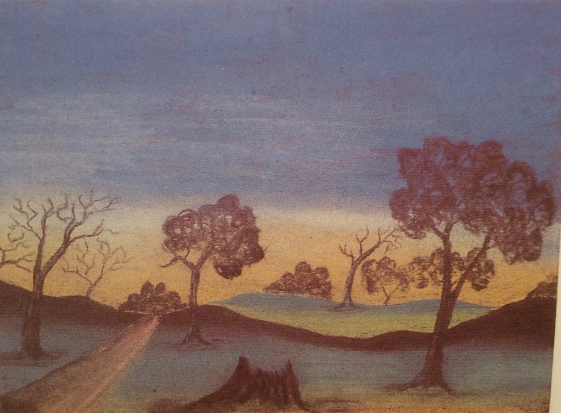 Landscape by Claude Kelly, pastel on paper, 18 x 25cm, c.1948. Stan, Melvie and Gael Phillips Collection, 1947 - 65, Berndt Museum of Anthropology.