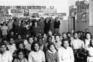 The children of Carrolup in their schoolroom with the White family and visitors from Katanning. Photographer: Noelene White, late 1948 or early 1949. Noel & Lily White Collection.