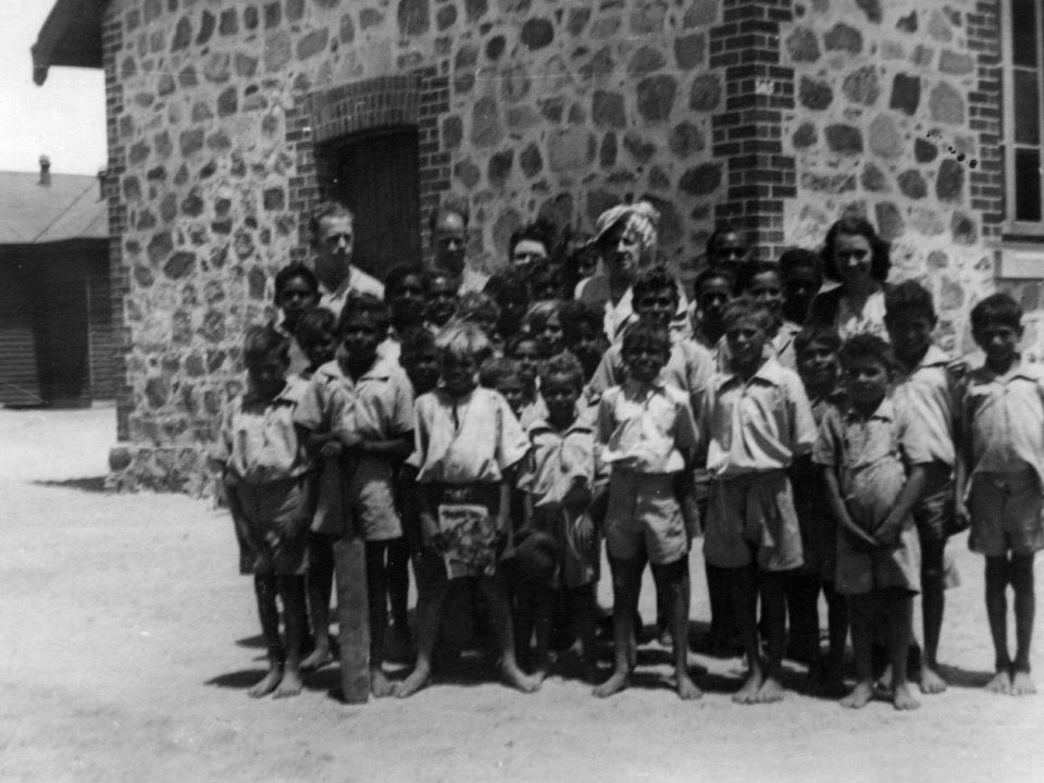 Carrolup boys with teachers Mr Ingram (left rear) and Noel and Lily White. Photographer: Vera Hack, January 1950. Noel & Lily White Collection.
