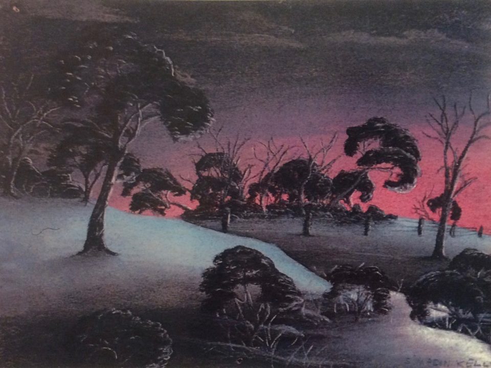 The Creek by Simpson Kelly, c1948, pastel on paper, 18.5 x 24 cm. Noel & Lily White Collection, Berndt Museum of Anthropology.