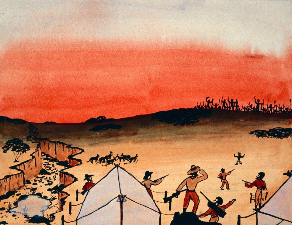 Explorer’s massacre by Parnell Dempster, 1948, ink and watercolour on paper, 19 x 24cm. Stan, Melvie and Gael Phillips Collection, 1947 – 65, Berndt Museum of Anthropology.