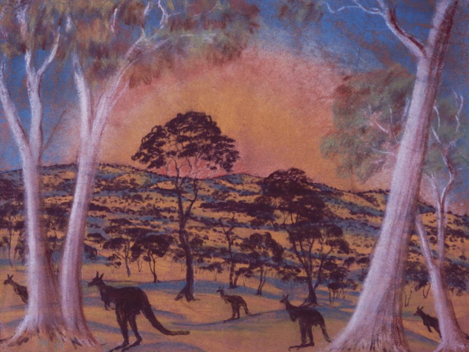 Landscape by Parnell Dempster, pastel on paper, 29 x 37cm, c.1948. Stan, Melvie and Gael Phillips Collection, Berndt Museum of Anthropology. [WU7303]