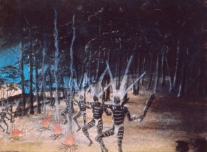 Dancing figures by Reynold Hart, pastel on paper, 29 x 38cm, 1949. Stan, Melvie and Gael Phillips Collection, Berndt Museum of Anthropology. [WU7316]