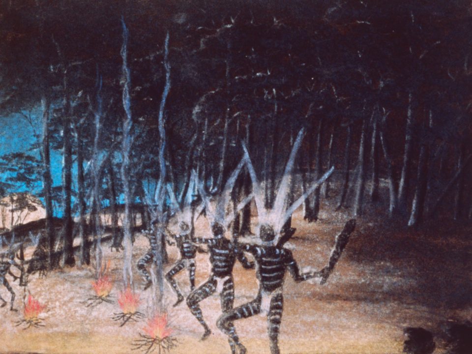 Dancing figures by Reynold Hart, pastel on paper, 29 x 38cm, 1949. Stan, Melvie and Gael Phillips Collection, Berndt Museum of Anthropology. [WU7316]