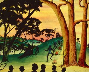 Imagined corroboree by Reynold Hart, watercolour and ink on paper, 25 x 30cm, c.1948. Stan, Melvie and Gael Phillips Collection, 1947 - 65, Berndt Museum of Anthropology. [WU7255]