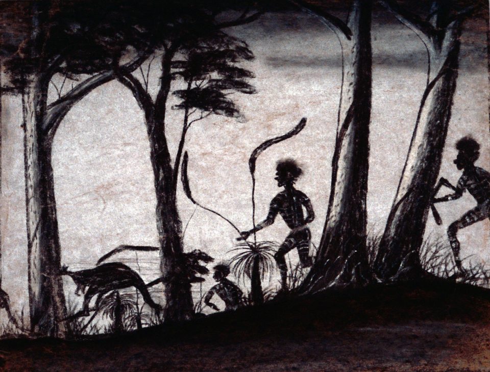 Hunters by Revel Cooper, pastel on paper, 29 x 38cm, c.1948. Stan, Melvie and Gael Phillips Collection, 1947 – 65, Berndt Museum of Anthropology. [WU7304] 