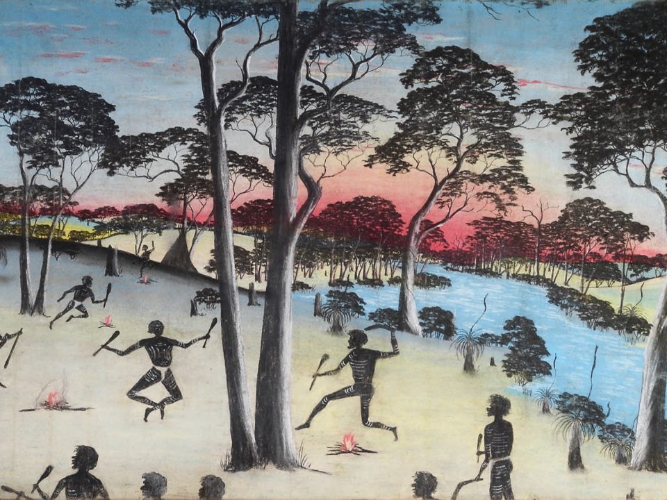 A Native Corroboree by Reynold Hart, pastel on paper, 75 x 112cm, 1949. The Herbert Mayer Collection of Carrolup Artwork, John Curtin Gallery, Curtin University.