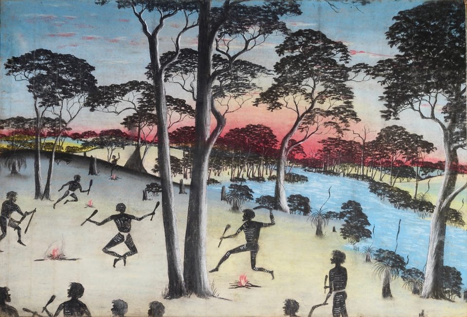 A Native Corroboree by Reynold Hart, pastel on paper, 75 x 112cm, 1949. The Herbert Mayer Collection of Carrolup Artwork, John Curtin Gallery, Curtin University.