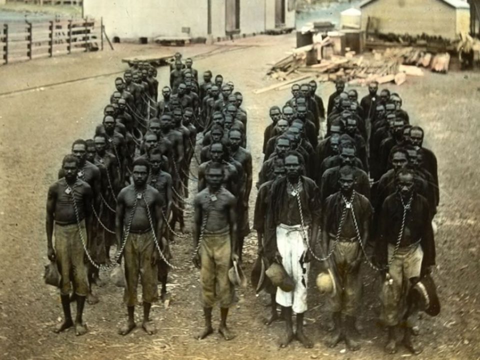 Aboriginal prisoners in neck chains at Wyndham, Northern Western Australia. State Library of Victoria.