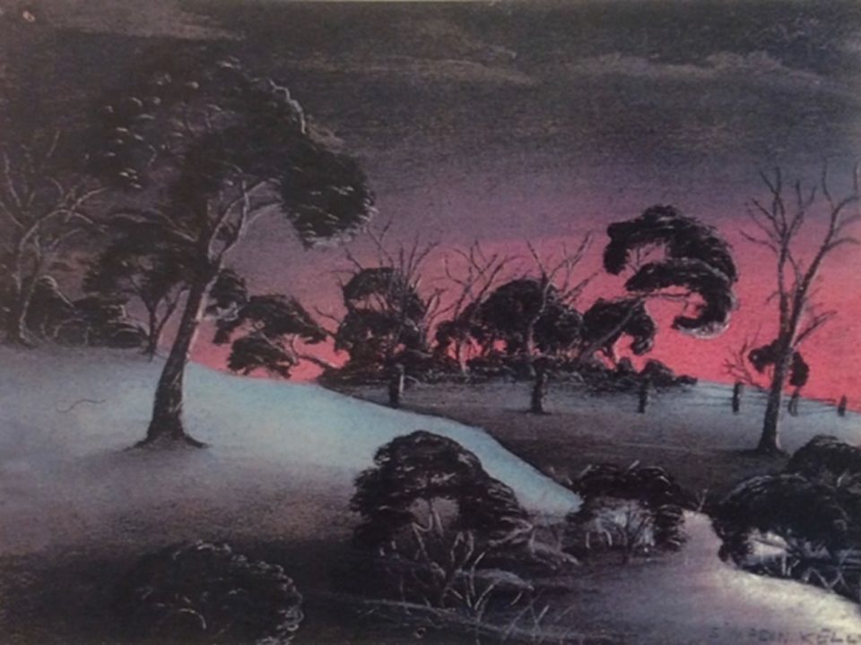 The creek by Simpson Kelly, pastel on paper, 18.5 x 24 cm, c.1948. Noel & Lily White Collection, Berndt Museum of Anthropology. [WU7563]
