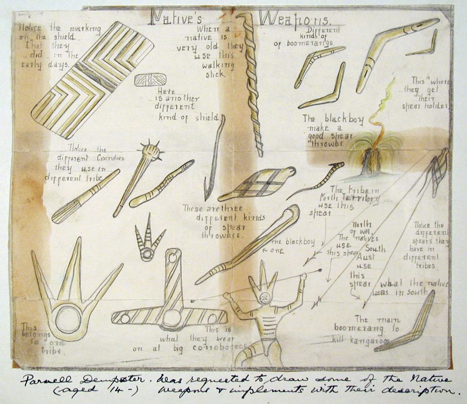 Native's Weapons by Parnell Dempster sent to Mrs Rutter in England, March 1950. The Herbert Mayer Collection of Carrolup Artwork, John Curtin Gallery, Curtin University.