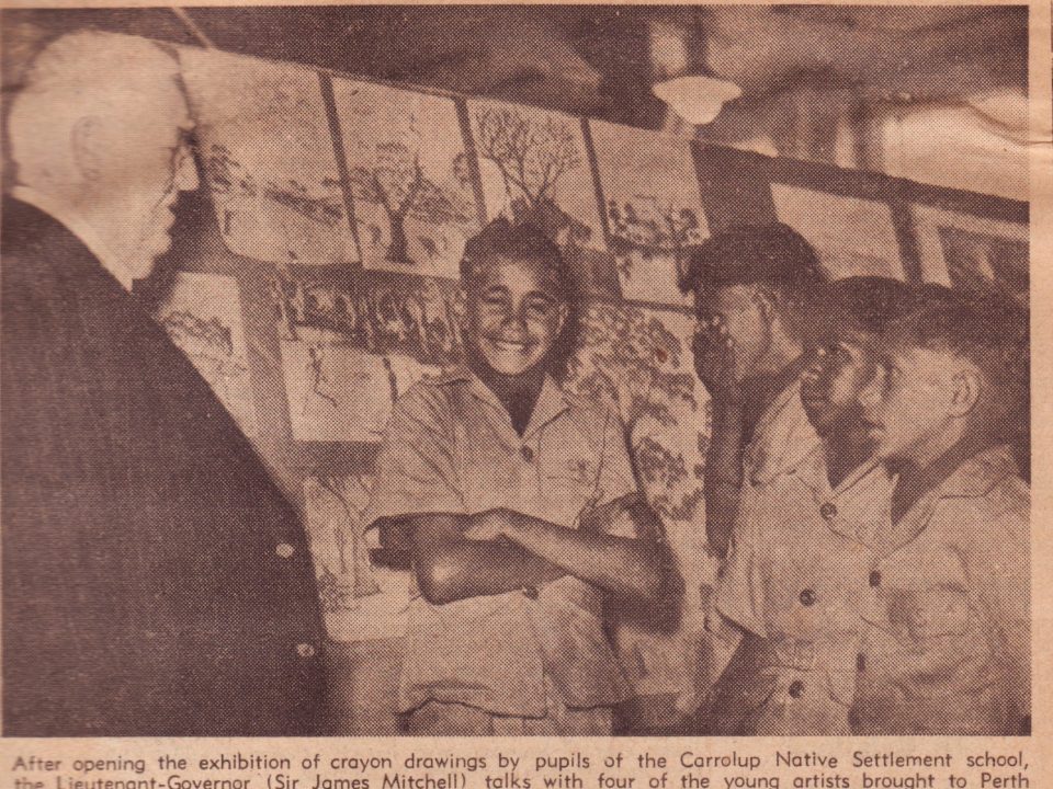 Exhibition of Carrolup art at Boans department store, The West Australian , 23rd October 1947. The boys from left to right are Claude Kelly, Barry Loo, Reynold Hart and Parnell Dempster. Noel & Lily White Collection.