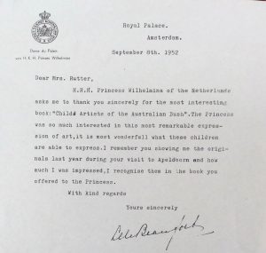 Letter from Baroness de Beaufort, on behalf of Queen Wilhelmina, to Mrs Rutter. Noel & Lily White Collection.