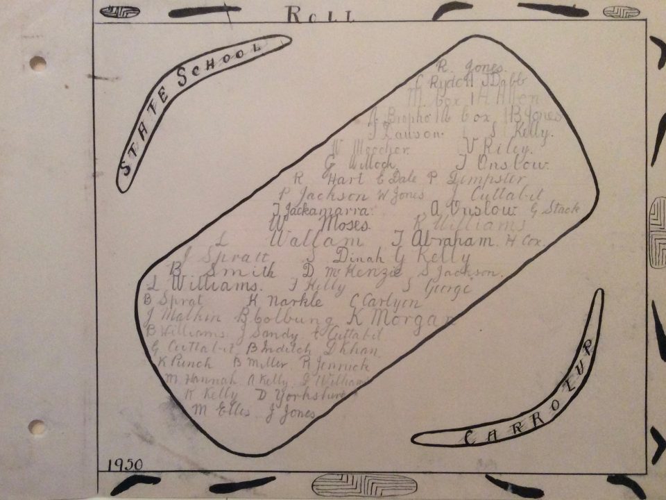 The names of the 59 boys at Carrolup Native Settlement School as shown in a book of their schoolwork given as a present to school inspector Charlie Cook in 1950. Noel & Lily White Collection.