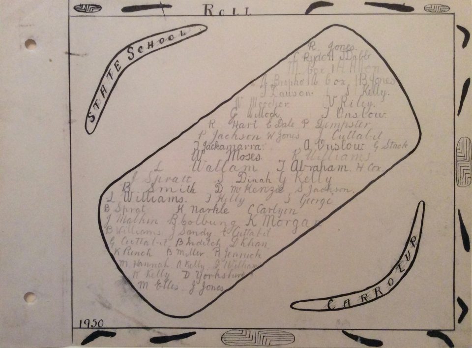 The names of the 59 boys at Carrolup Native Settlement School as shown in a book of their schoolwork given as a present to school inspector Charlie Cook in the same year. Noel & Lily White Collection.