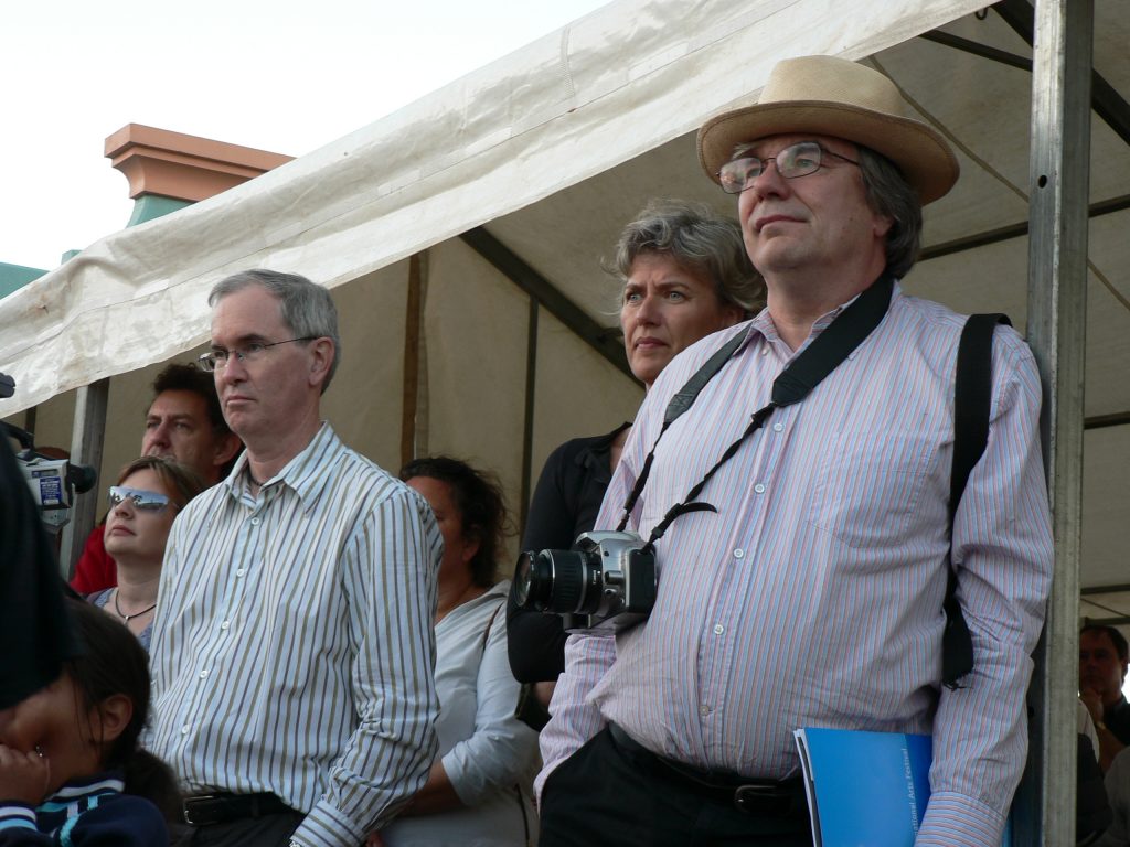 John Stanton (Berndt Museum) [Left Front] with Howard Morphy (Australian National University), who discovered the ‘lost’ works at Colgate University, watch the Official Opening of the ‘Koorah Coolingah’ exhibition at Katanning Art Gallery, 24th February 2006. Berndt Museum of Anthropology, The University of Western Australia.