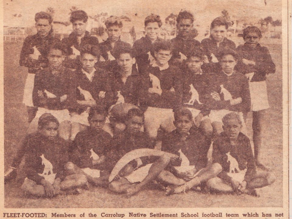 The 1949 Carrolup Native Settlement School football team that won two football games in Perth in September 1949. They were 'Never Ever Beaten'. The West Australian 1st September 1949.