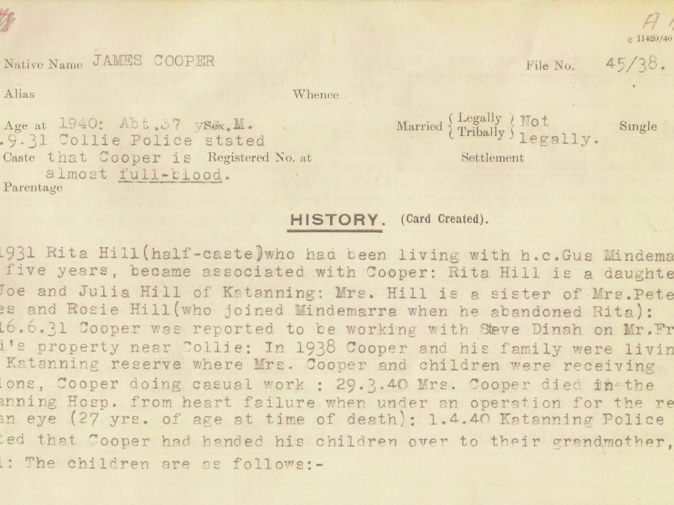 Department of Native Affairs file on James Cooper, father of Carrolup artist Revel Cooper (p. 1).