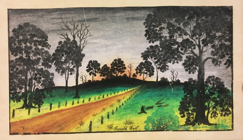 A pastel by Reynold Hart donated to the Berndt Museum by Timothy Dauth. This is likely The Red Road which was drawn in 1950 and was purchased at the 1957 Boans exhibition organised by the W.A. Native Welfare Council (Inc.).