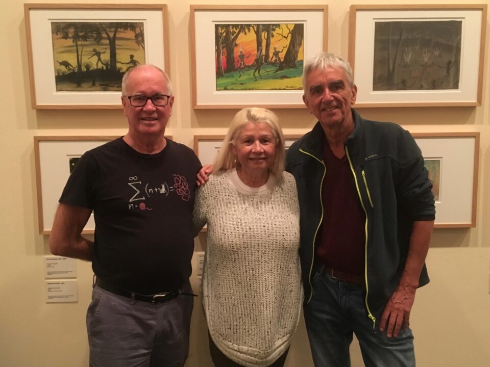 John Stanton (left) and David Clark with Cheryle Jones at the Carrolup Revisited exhibition by the Berndt Museum of Anthropology held in the Lawrence Wilson Art Gallery, The University of Western Australia, 8th June 2019. Cheryle’s mother Mildred was at Carrolup School during the time that Noel White was teacher.